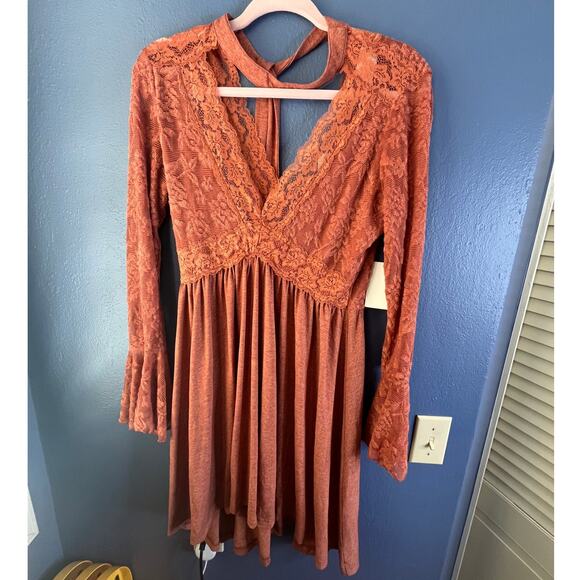 Joyfolie Kandra Mini Dress Sheer Lace long sleeve terracotta Small NWT - Picture 2 of 6